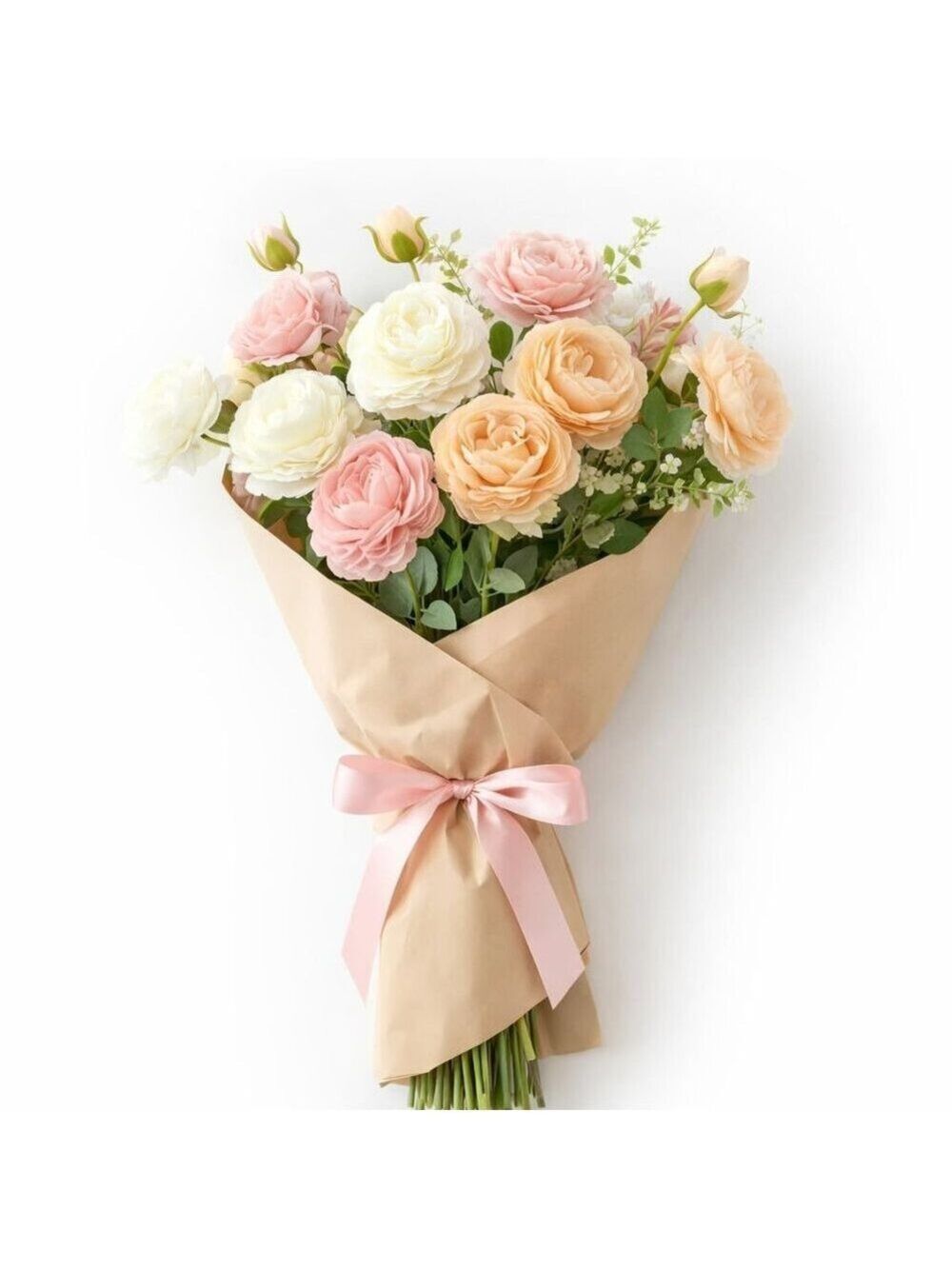 White Pink Peach Artificial Roses Gift Bouquet Wrapped Real Touch Rose Stems 26